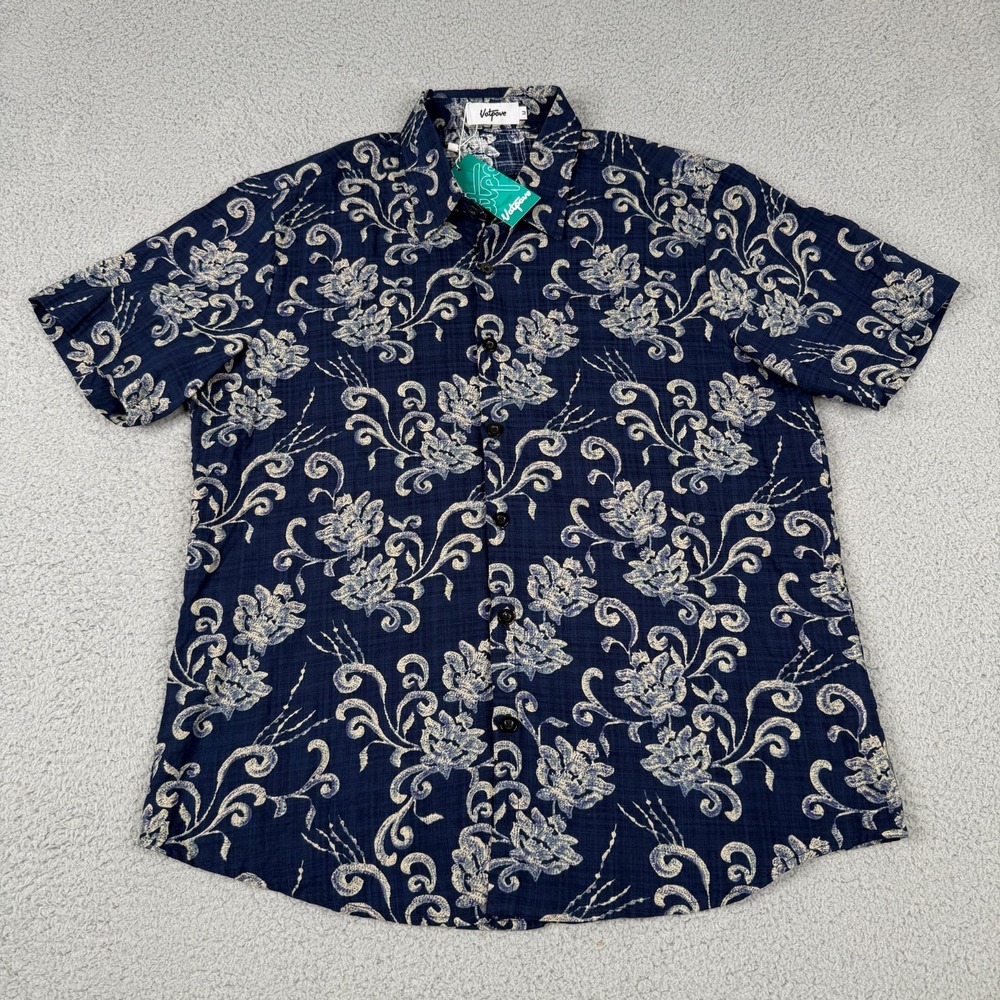 Vatpave Shirt Mens M Navy Floral Hawaiian Aloha Resort Coastal Button Up NWT - Picture 2 of 8